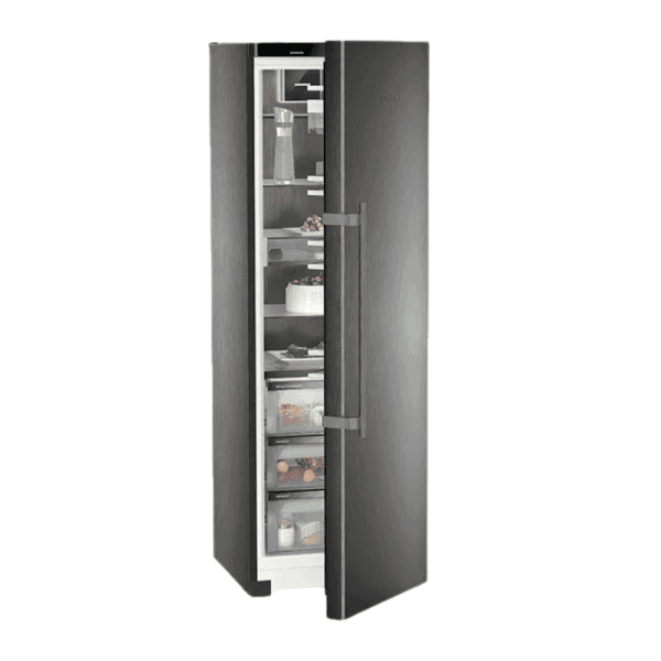 Modern black kitchen pantry refrigerator with clear glass door for convenient food storage and organization. Perfect for kitchen decor, functional storage, and easy access.