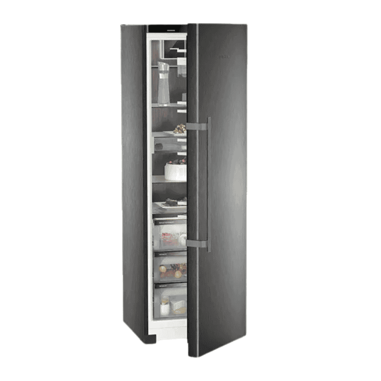 Modern black kitchen pantry refrigerator with clear glass door for convenient food storage and organization. Perfect for kitchen decor, functional storage, and easy access.