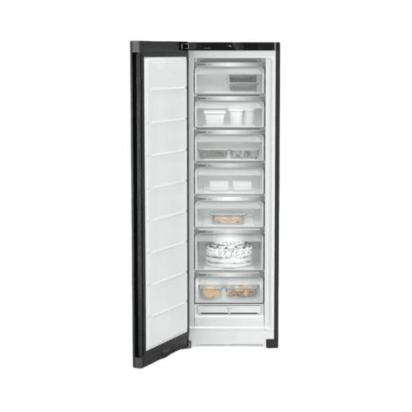 1. Modern black and white freestanding refrigerator with adjustable shelves, door storage, and transparent drawers for optimal kitchen food storage and organization.