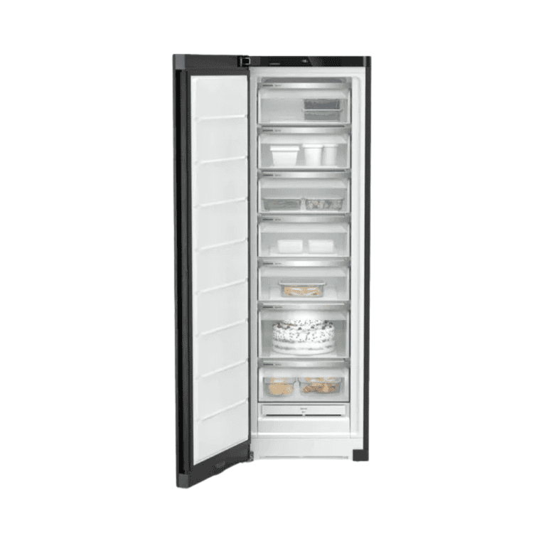 1. Modern black and white freestanding refrigerator with adjustable shelves, door storage, and transparent drawers for optimal kitchen food storage and organization.