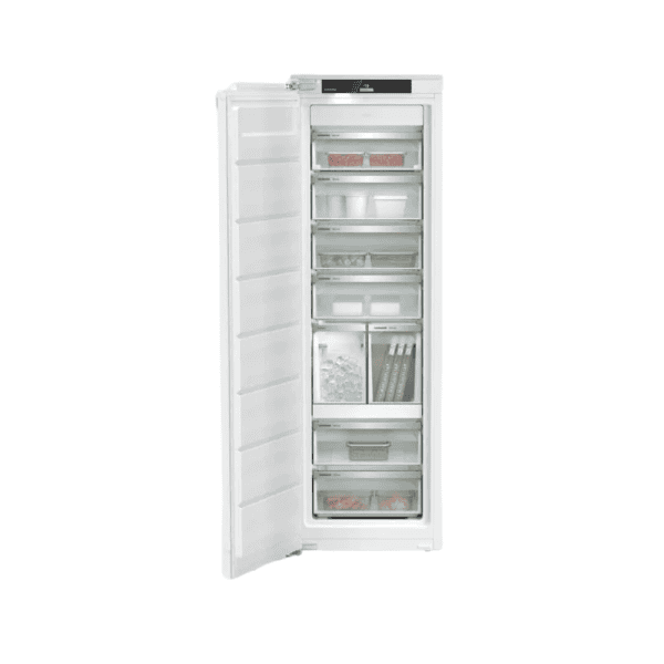 1. White upright freezer with multiple interior shelves, glass drawers, and digital control panel for optimal kitchen food storage.