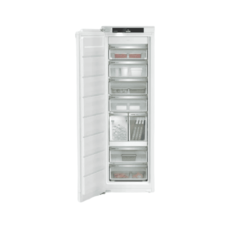 1. White upright freezer with multiple interior shelves, glass drawers, and digital control panel for optimal kitchen food storage.