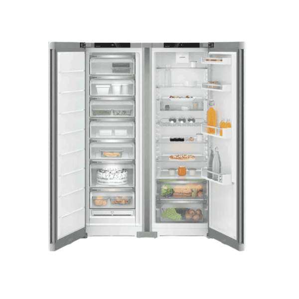 Stainless steel French door refrigerator with spacious freezer and adjustable shelves, perfect for modern kitchens and meal organization.