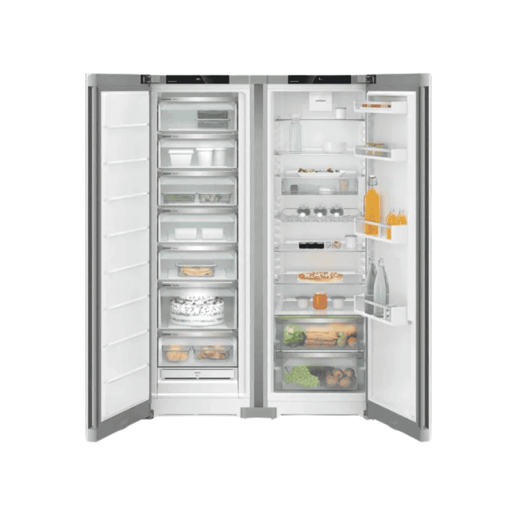 Stainless steel French door refrigerator with spacious freezer and adjustable shelves, perfect for modern kitchens and meal organization.