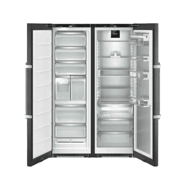 1. Modern double-door French fridge with stainless steel finish, interior LED lighting, adjustable shelves, and ample storage for fresh produce and beverages.