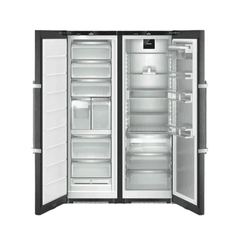1. Modern double-door French fridge with stainless steel finish, interior LED lighting, adjustable shelves, and ample storage for fresh produce and beverages.