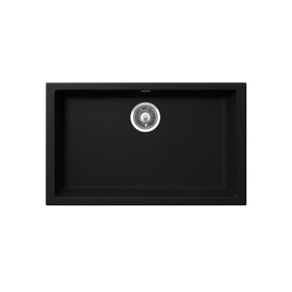 Black kitchen sink with stainless steel drain, modern design, durable granite composite material, perfect for contemporary kitchens.