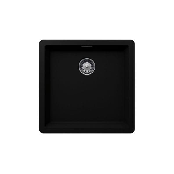 Black kitchen sink with stainless steel drain, modern design, durable material, perfect for kitchen remodeling and installation.