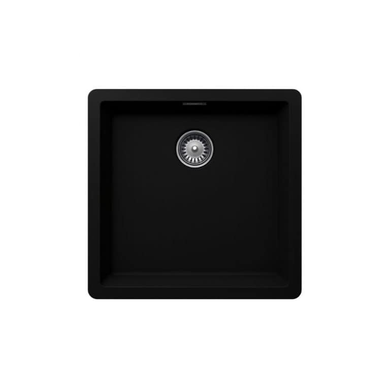Black kitchen sink with stainless steel drain, modern design, durable material, perfect for kitchen remodeling and installation.
