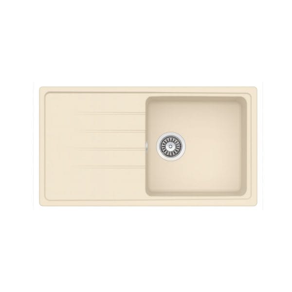 Smooth beige kitchen sink with integrated draining board, modern design, durable material, perfect for residential kitchens, easy to clean, and functional for daily use.