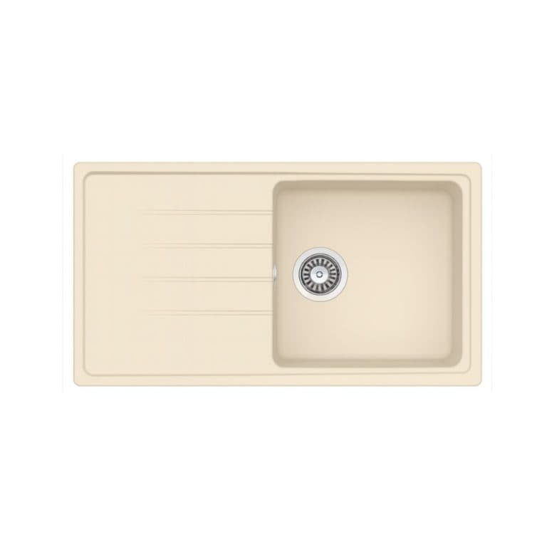 Smooth beige kitchen sink with integrated draining board, modern design, durable material, perfect for residential kitchens, easy to clean, and functional for daily use.