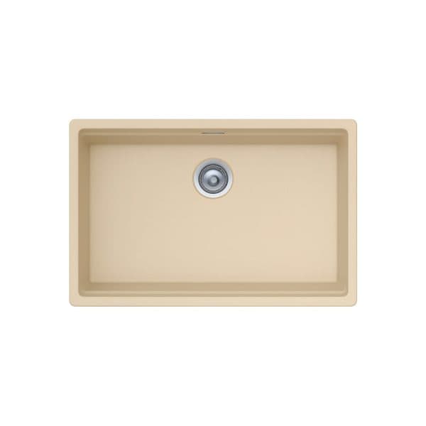 Undermount kitchen sink in beige color, smooth ceramic finish, ideal for modern kitchen designs, includes stainless steel drain. Perfect for kitchen renovation and remodeling projects.