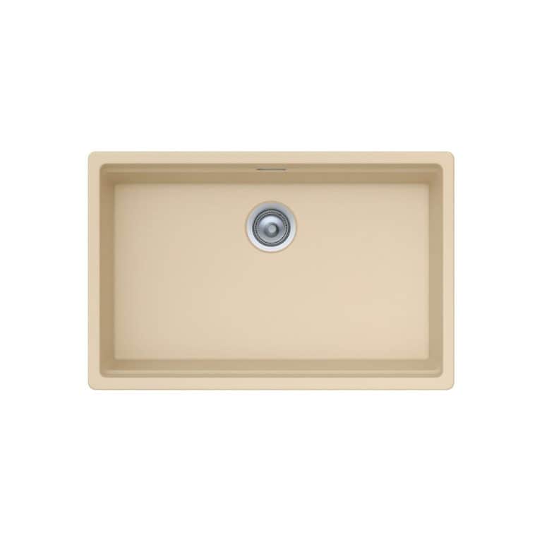 Undermount kitchen sink in beige color, smooth ceramic finish, ideal for modern kitchen designs, includes stainless steel drain. Perfect for kitchen renovation and remodeling projects.