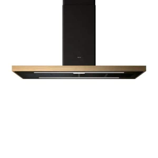 Modern black and wooden kitchen range hood for efficient ventilation and stylish kitchen decor. Perfect for contemporary kitchens, combining functionality with sleek design.