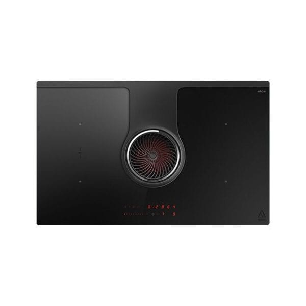 Modern black induction cooktop with central control knob and touch-sensitive surface, ideal for sleek kitchen designs and efficient cooking.
