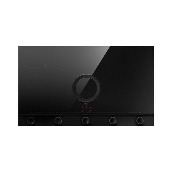 Modern black kitchen stove with touch controls and four gas burners, ideal for contemporary kitchen designs.